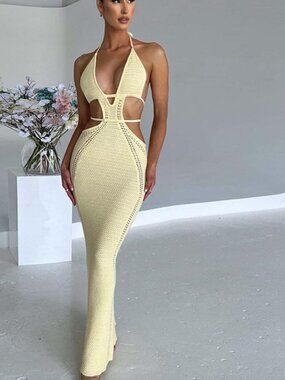 Buttermilk Yellow Crochet Halter Cut Out Plunge Maxi Dress
